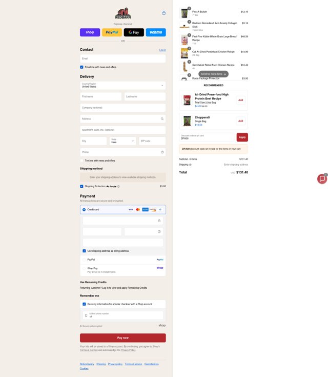 Redbarn checkout page showing Redbarn discount code box | Screenshot taken by SimplyCodes community member on Sep 6, 2025
