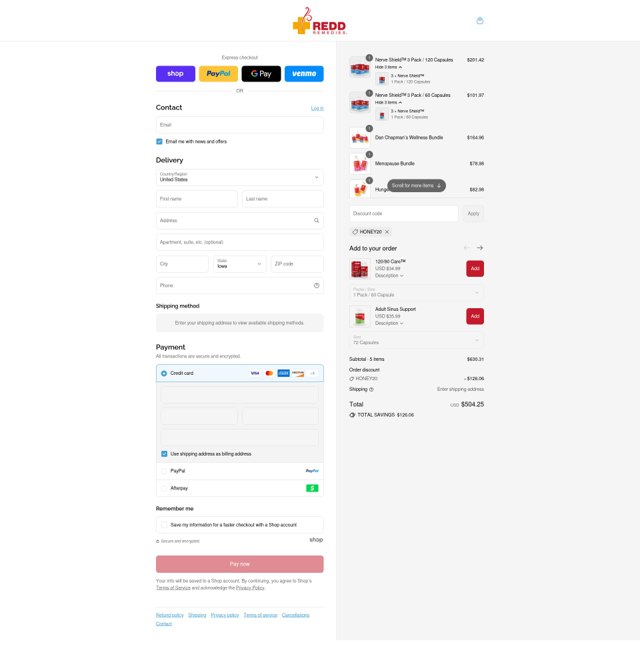 Redd Remedies checkout page showing Redd Remedies coupon code box | Screenshot taken by SimplyCodes community member on Sep 4, 2025