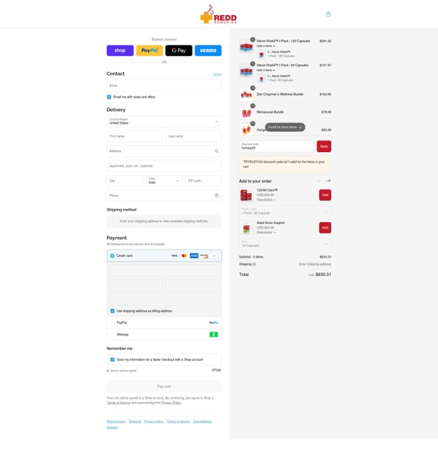 Redd Remedies checkout page showing Redd Remedies coupon code box | Screenshot taken by SimplyCodes community member on Sep 4, 2025