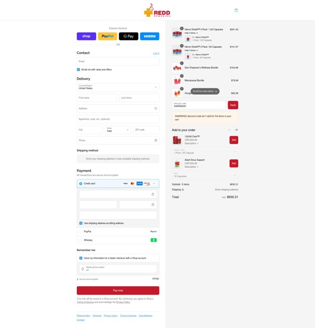 Redd Remedies checkout page showing Redd Remedies coupon code box | Screenshot taken by SimplyCodes community member on Sep 4, 2025