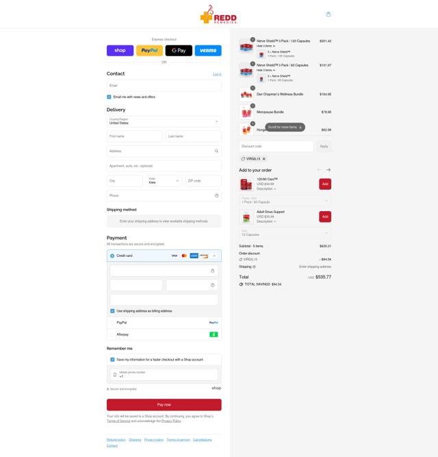 Redd Remedies checkout page showing Redd Remedies coupon code box | Screenshot taken by SimplyCodes community member on Sep 4, 2025
