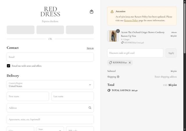 Red Dress checkout page showing Red Dress coupon code box | Screenshot taken by SimplyCodes community member on Sep 15, 2025