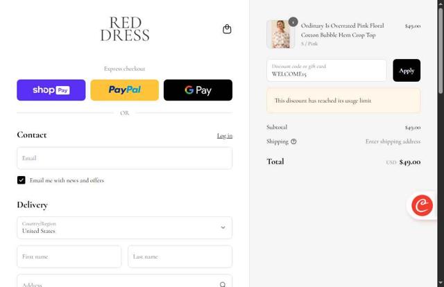 Red Dress checkout page showing Red Dress coupon code box | Screenshot taken by SimplyCodes community member on May 21, 2025