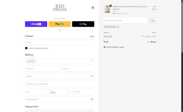 Red Dress checkout page showing Red Dress coupon code box | Screenshot taken by SimplyCodes community member on May 2, 2025