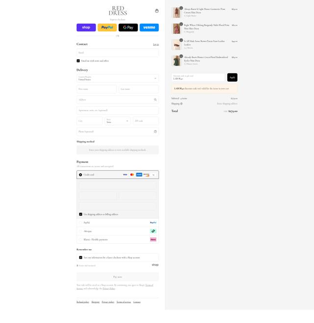 Red Dress checkout page showing Red Dress coupon code box | Screenshot taken by SimplyCodes community member on Aug 30, 2025