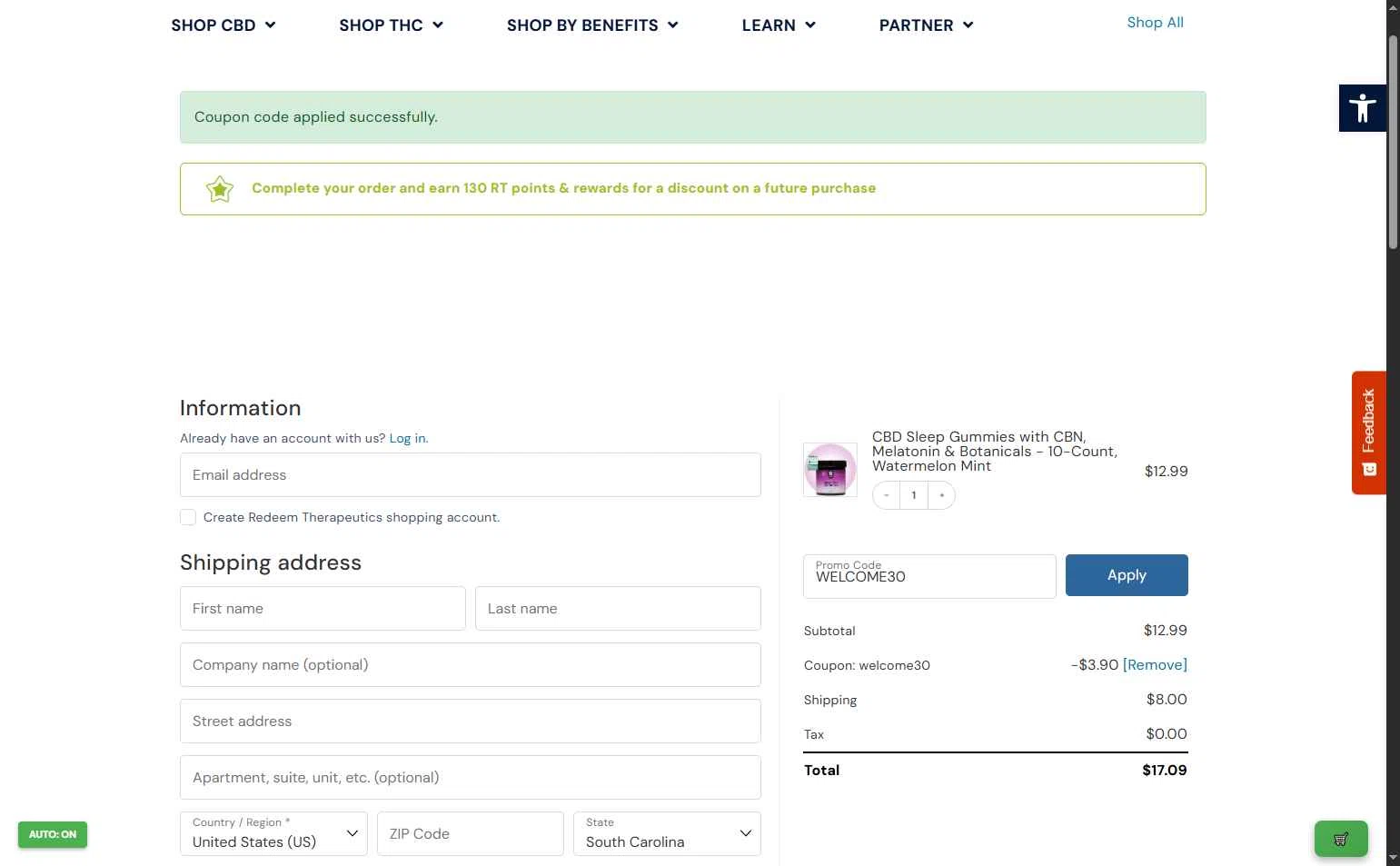 Redeem Therapeutics checkout page showing Redeem Therapeutics promo code box | Screenshot taken by SimplyCodes community member on Dec 13, 2025