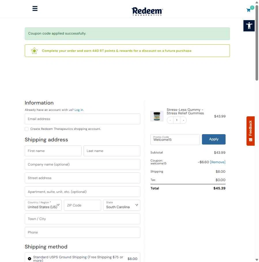 Redeem Therapeutics checkout page showing Redeem Therapeutics promo code box | Screenshot taken by SimplyCodes community member on Dec 10, 2025