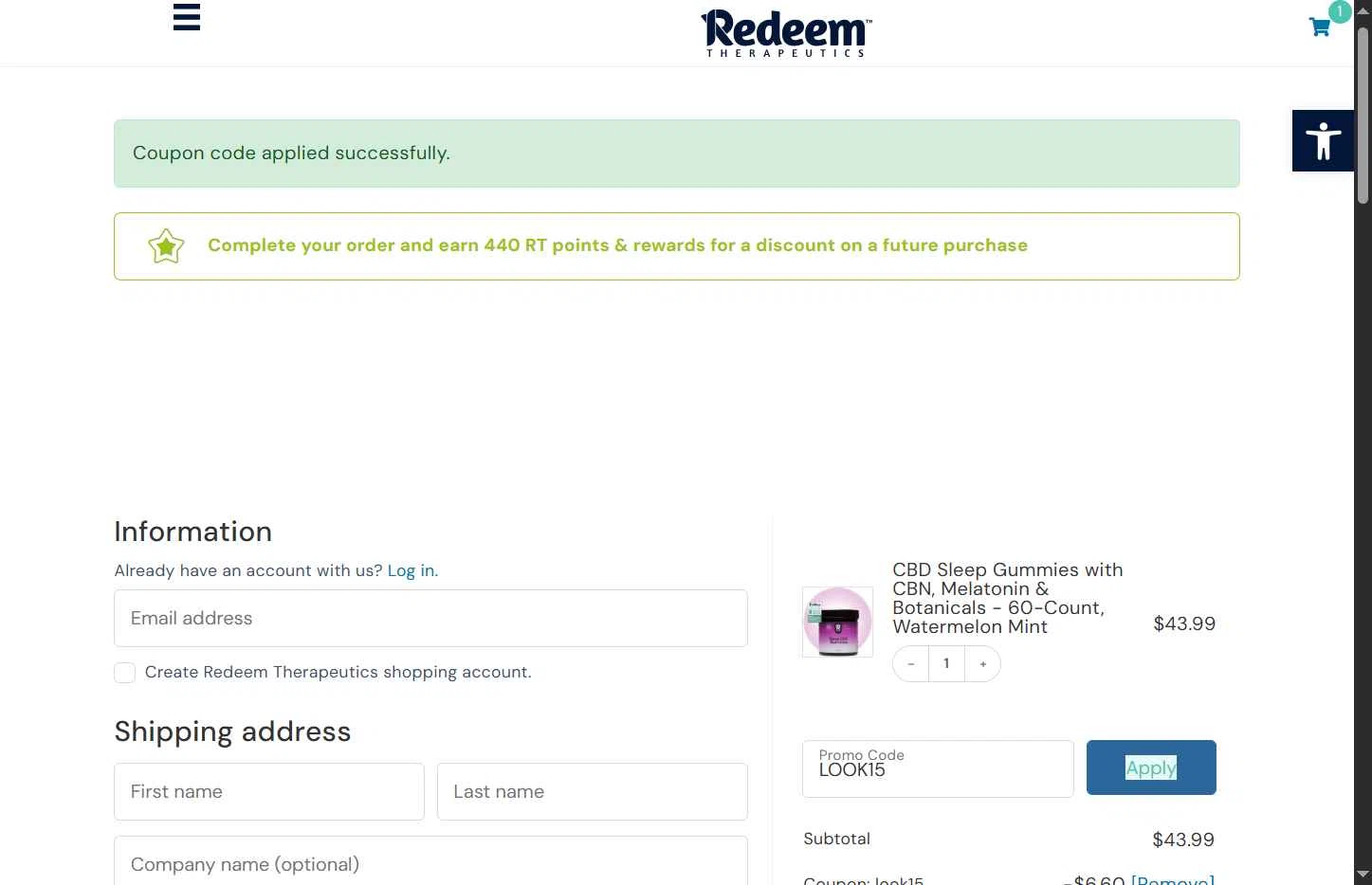 Redeem Therapeutics checkout page showing Redeem Therapeutics promo code box | Screenshot taken by SimplyCodes community member on Dec 14, 2025