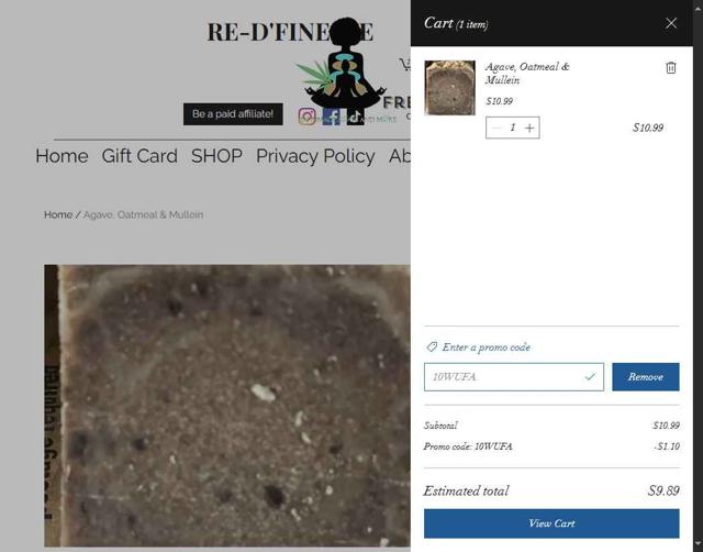 Re-D'Fine Me LLC checkout page showing Re-D'Fine Me LLC promo code box | Screenshot taken by SimplyCodes community member on Sep 26, 2025