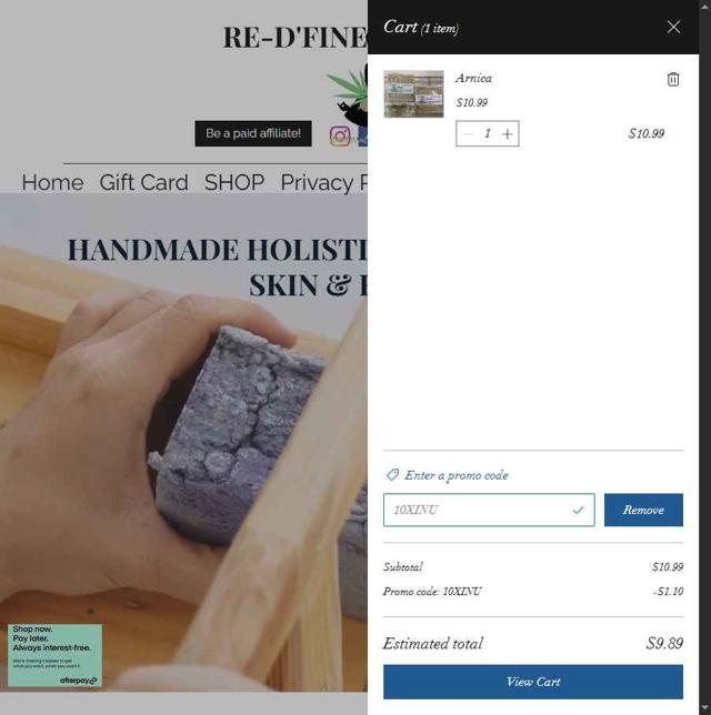 Re-D'Fine Me LLC checkout page showing Re-D'Fine Me LLC promo code box | Screenshot taken by SimplyCodes community member on Sep 24, 2025
