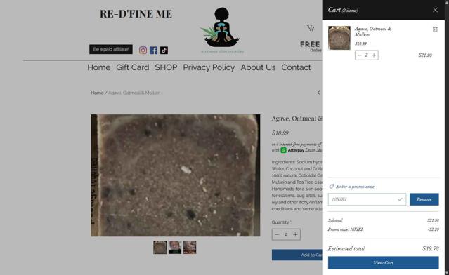 Re-D'Fine Me LLC checkout page showing Re-D'Fine Me LLC promo code box | Screenshot taken by SimplyCodes community member on Sep 25, 2025