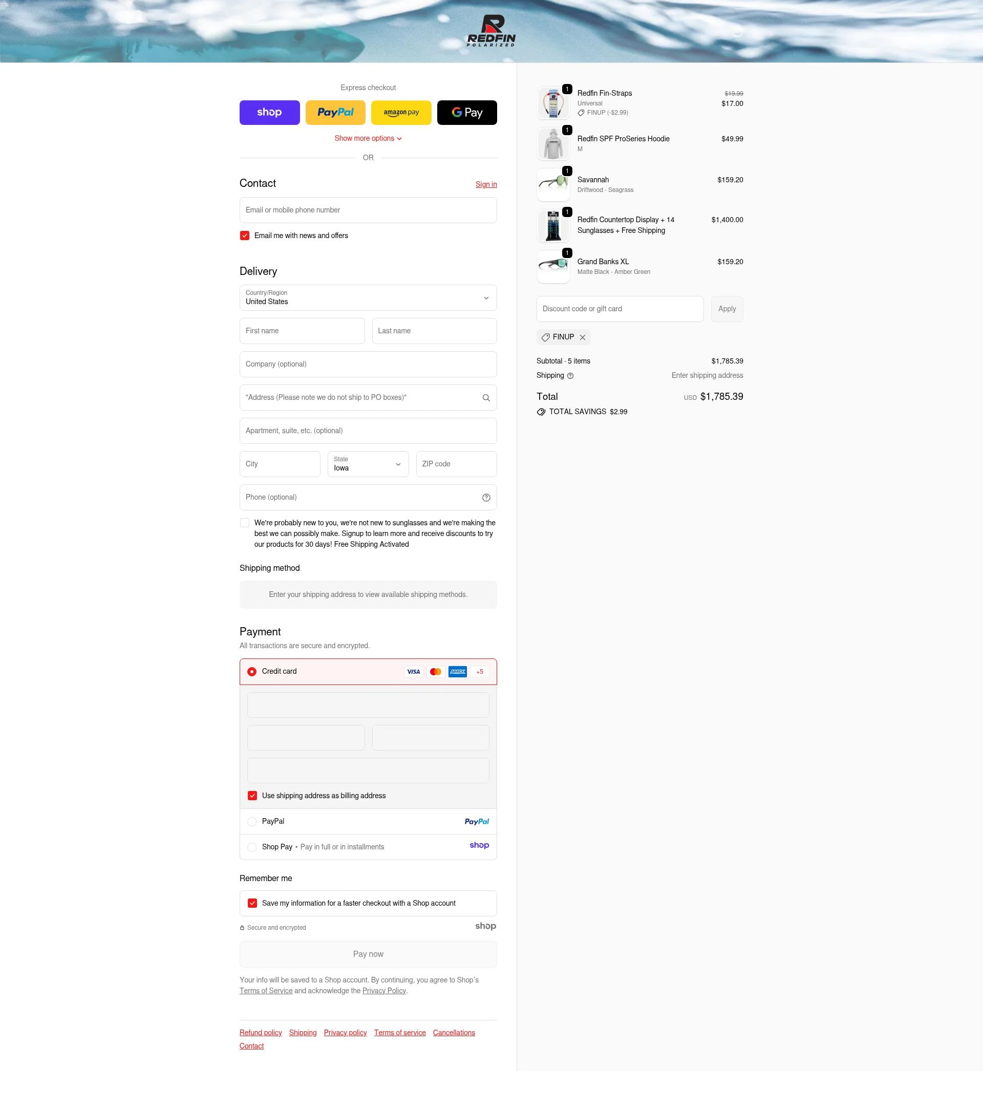 RedFin Polarized checkout page showing RedFin Polarized promo code box | Screenshot taken by SimplyCodes community member on Dec 5, 2025