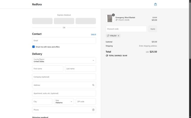 Redfora checkout page showing Redfora discount code box | Screenshot taken by SimplyCodes community member on Sep 8, 2025