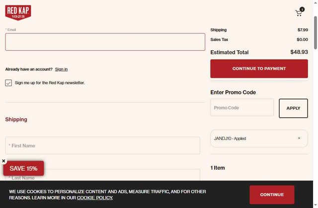 Red Kap checkout page showing Red Kap promo code box | Screenshot taken by SimplyCodes community member on Jul 30, 2025