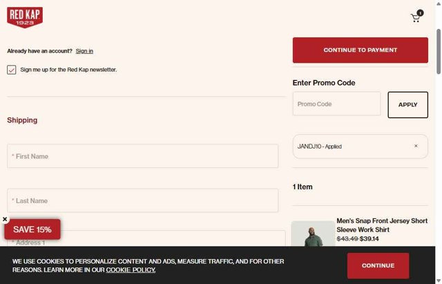 Red Kap checkout page showing Red Kap promo code box | Screenshot taken by SimplyCodes community member on Jul 2, 2025