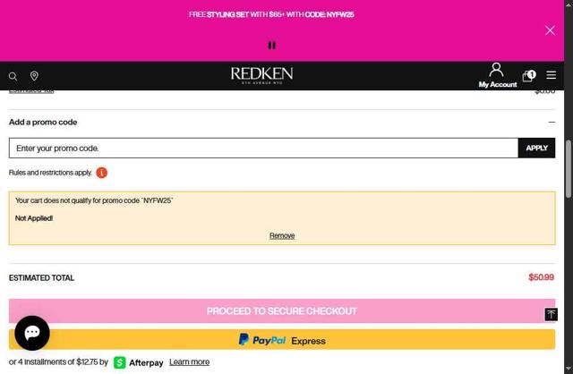 Redken checkout page showing Redken promo code box | Screenshot taken by SimplyCodes community member on Sep 8, 2025