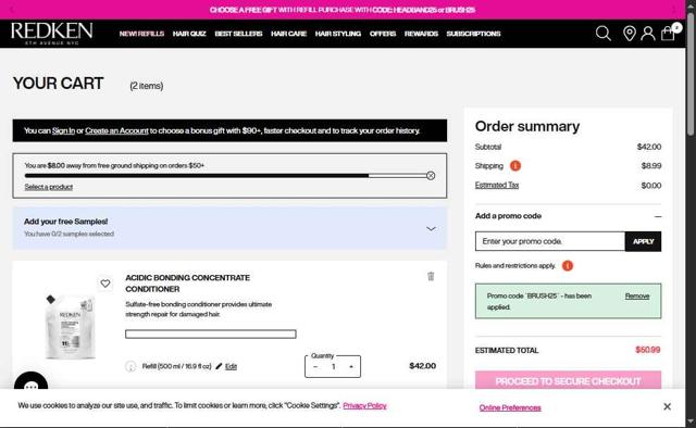 Redken checkout page showing Redken promo code box | Screenshot taken by SimplyCodes community member on Aug 19, 2025