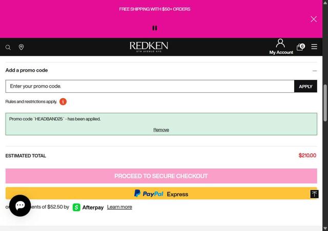 Redken checkout page showing Redken promo code box | Screenshot taken by SimplyCodes community member on Aug 18, 2025