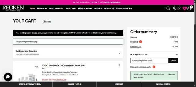 Redken checkout page showing Redken promo code box | Screenshot taken by SimplyCodes community member on Aug 31, 2025