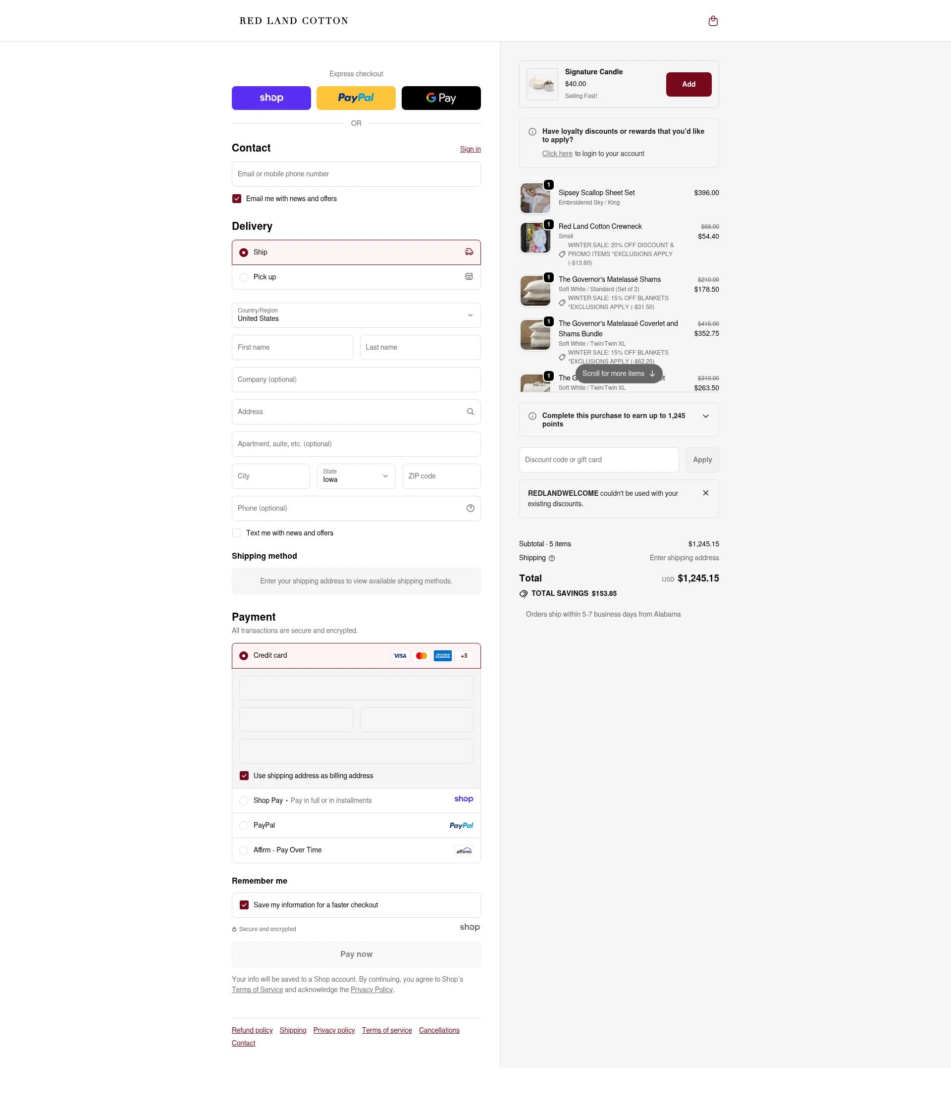 Red Land Cotton checkout page showing Red Land Cotton discount code box | Screenshot taken by SimplyCodes community member on Jan 2, 2026