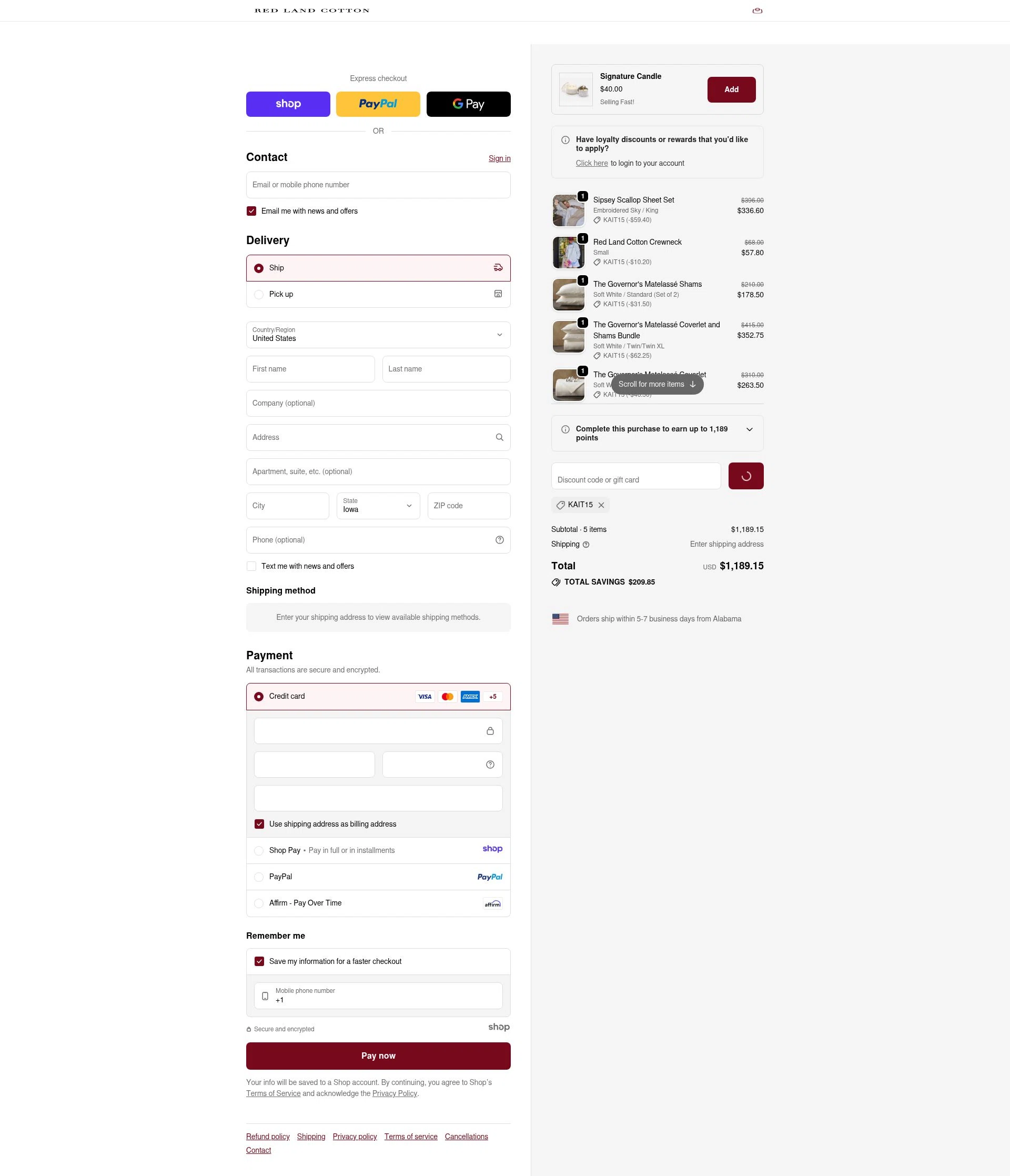 Red Land Cotton checkout page showing Red Land Cotton discount code box | Screenshot taken by SimplyCodes community member on Jan 2, 2026