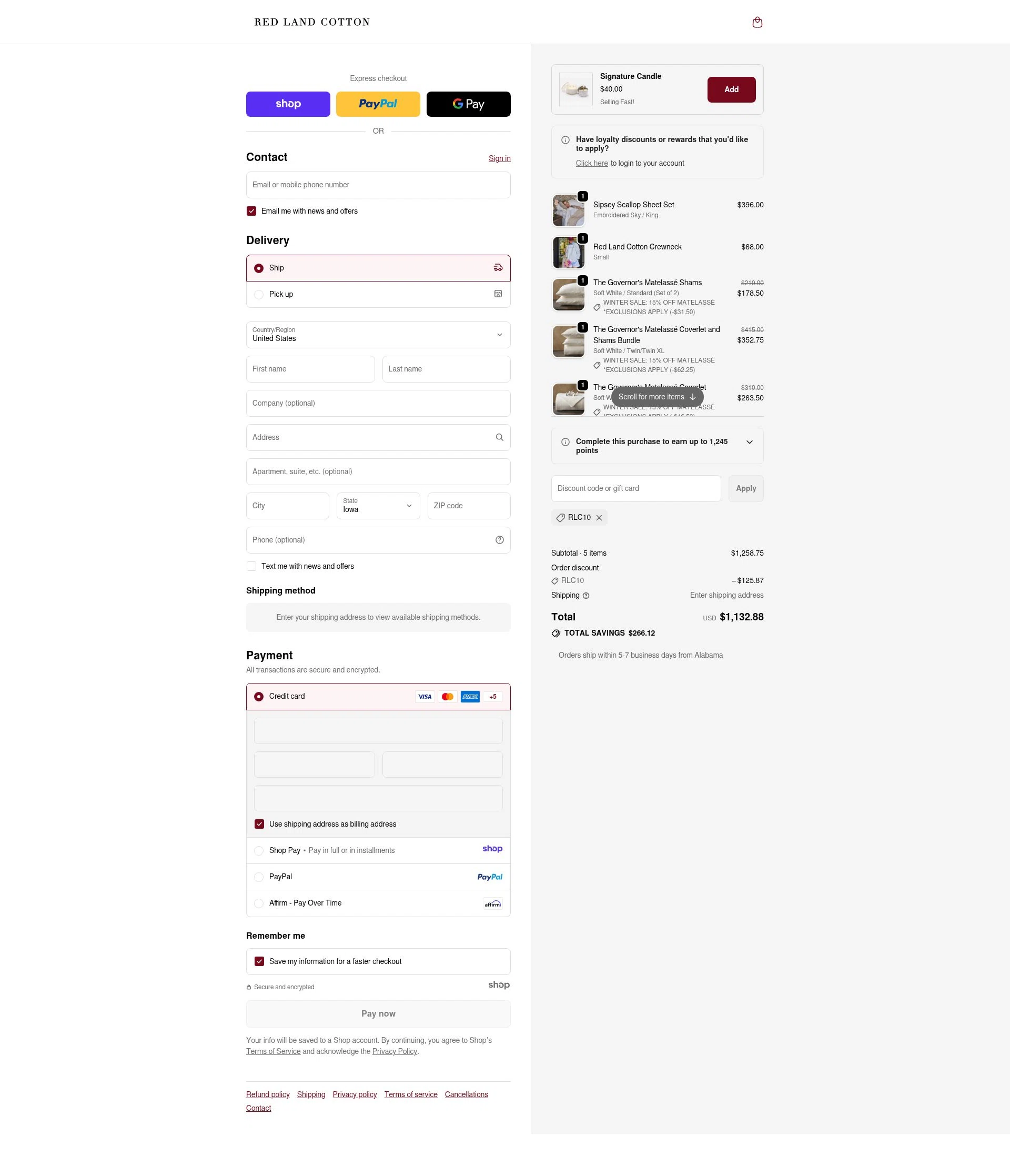 Red Land Cotton checkout page showing Red Land Cotton discount code box | Screenshot taken by SimplyCodes community member on Jan 2, 2026