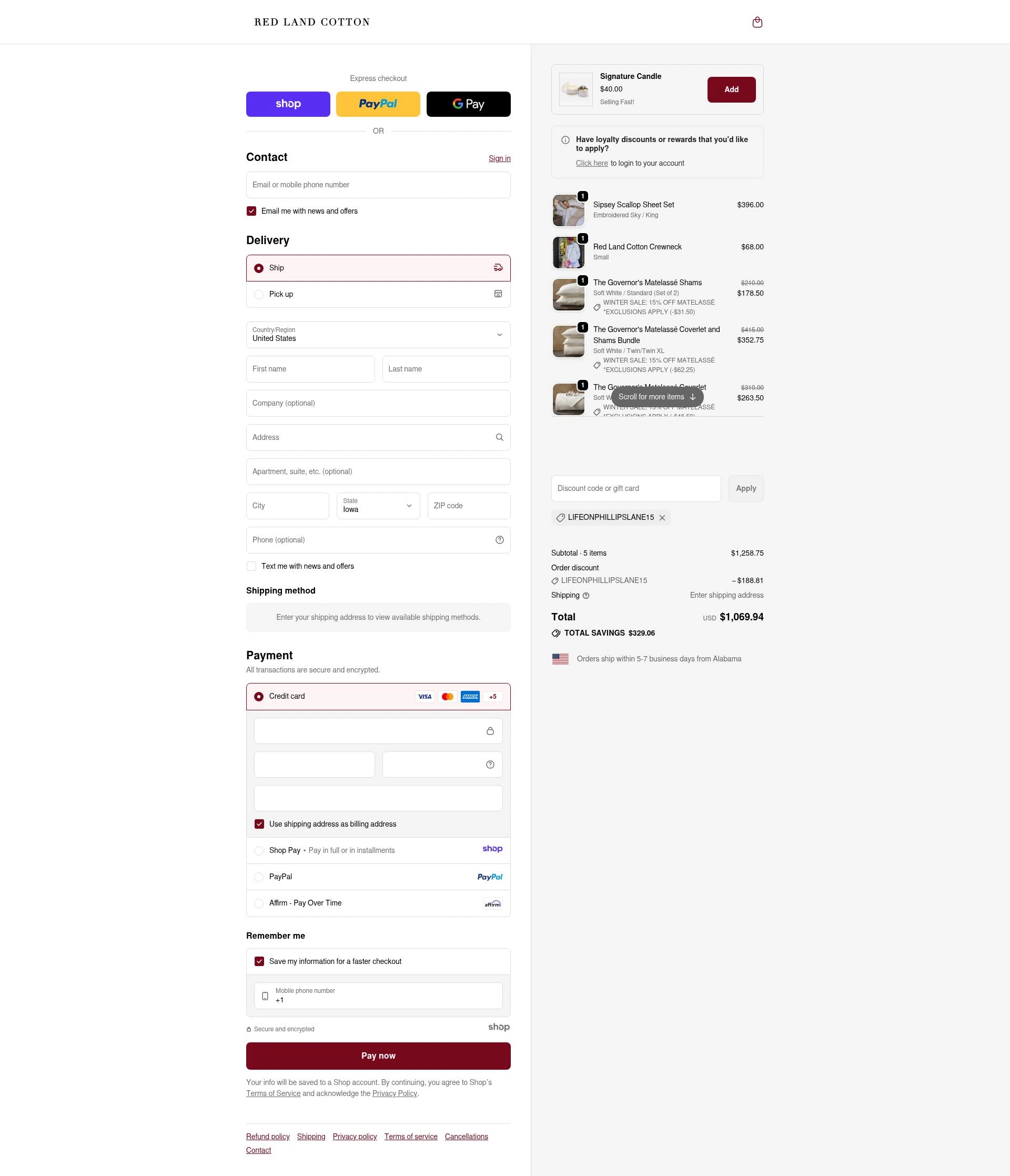 Red Land Cotton checkout page showing Red Land Cotton discount code box | Screenshot taken by SimplyCodes community member on Jan 2, 2026