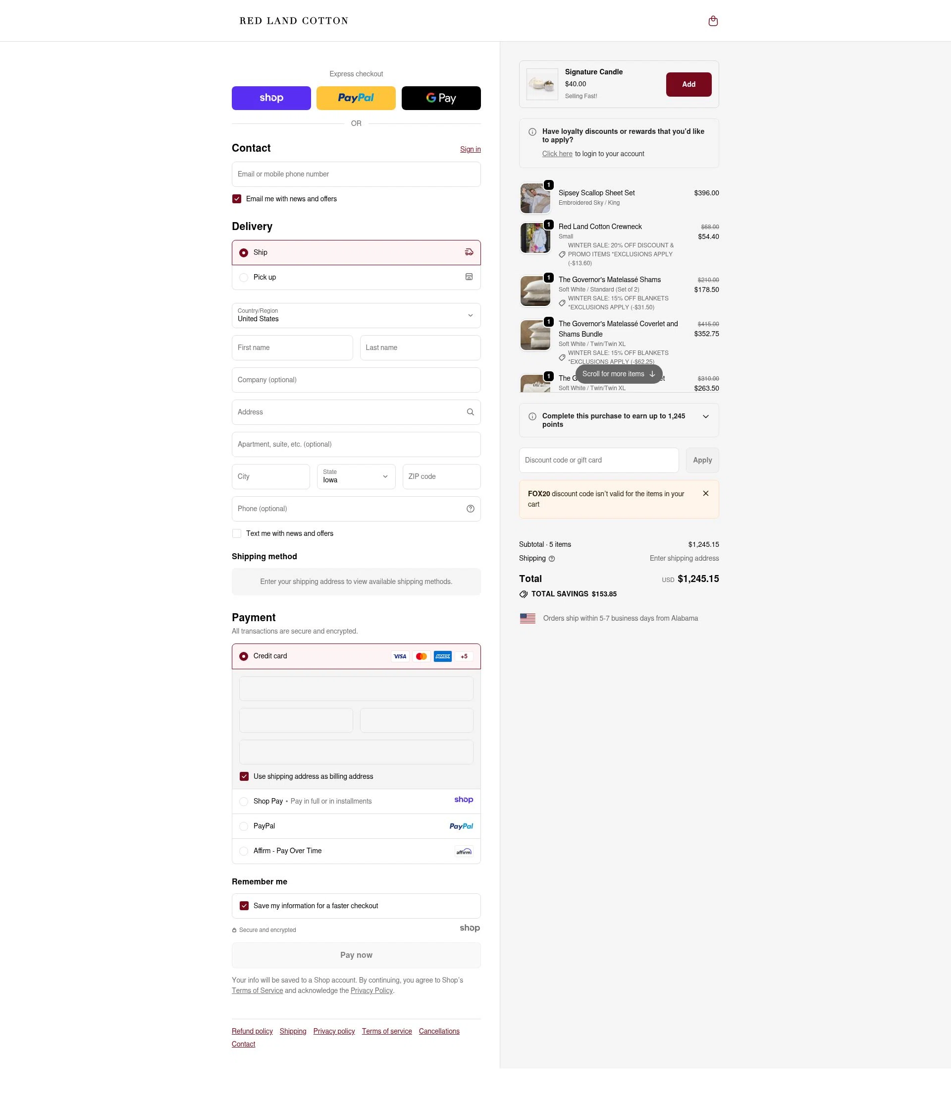Red Land Cotton checkout page showing Red Land Cotton discount code box | Screenshot taken by SimplyCodes community member on Jan 2, 2026