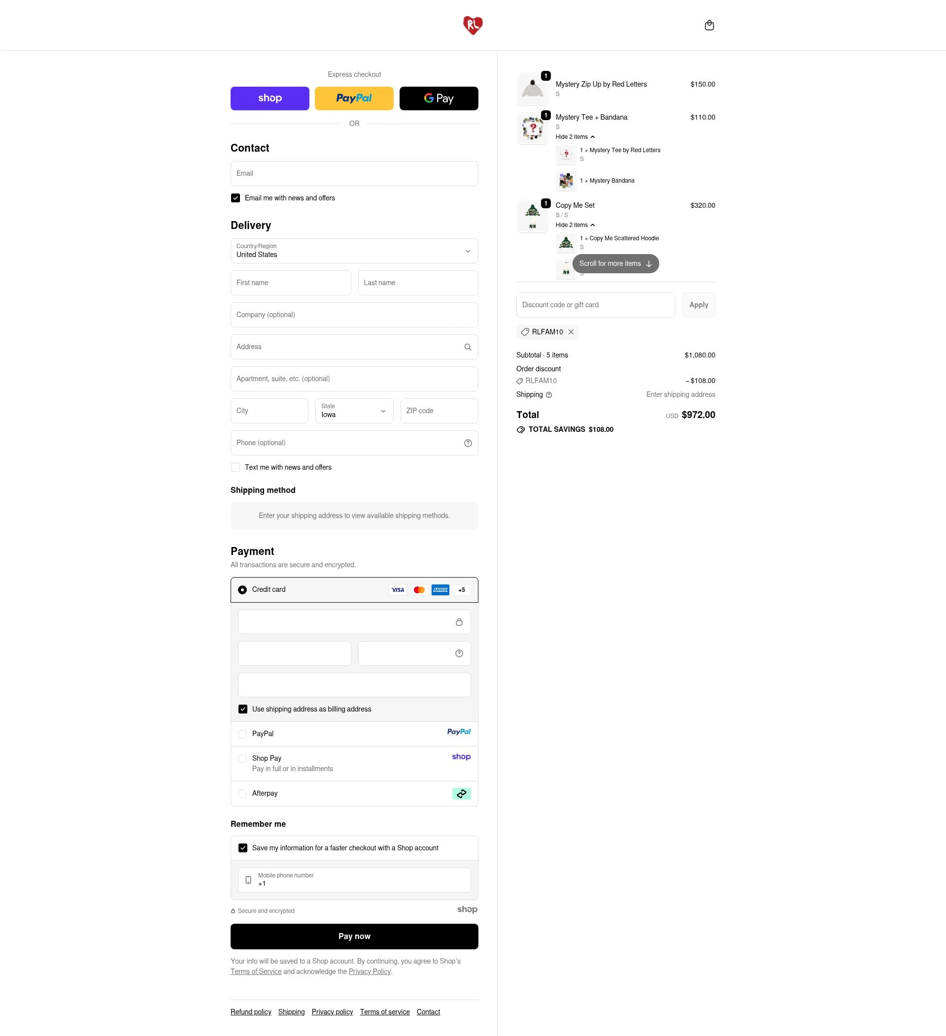 Red Letters checkout page showing Red Letters discount code box | Screenshot taken by SimplyCodes community member on Oct 24, 2025