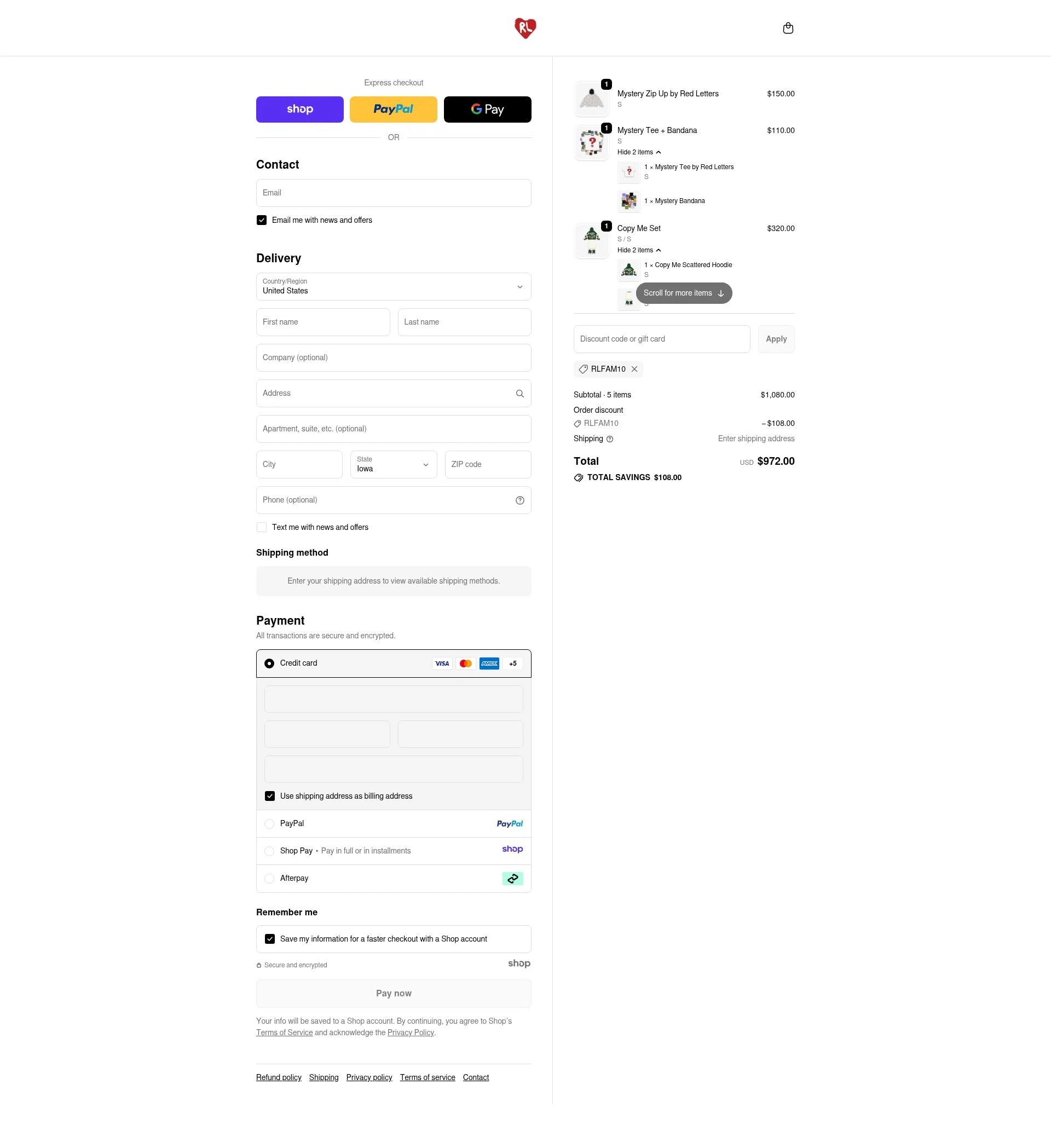 Red Letters checkout page showing Red Letters discount code box | Screenshot taken by SimplyCodes community member on Nov 10, 2025