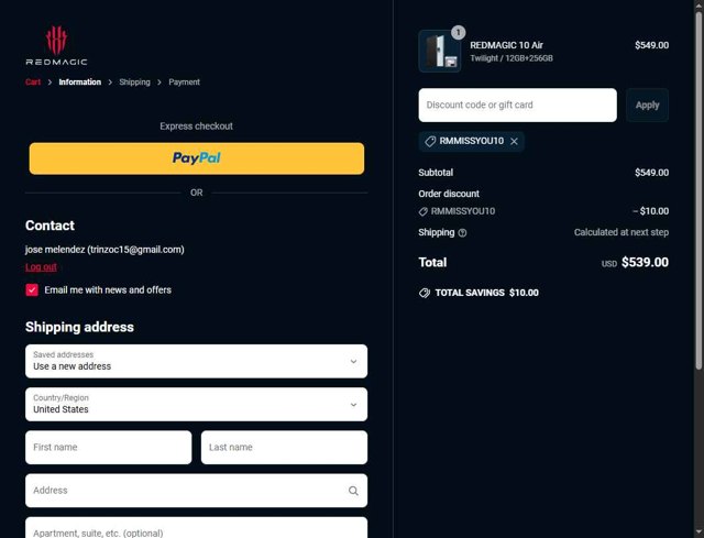 REDMAGIC checkout page showing REDMAGIC discount code box | Screenshot taken by SimplyCodes community member on May 23, 2025