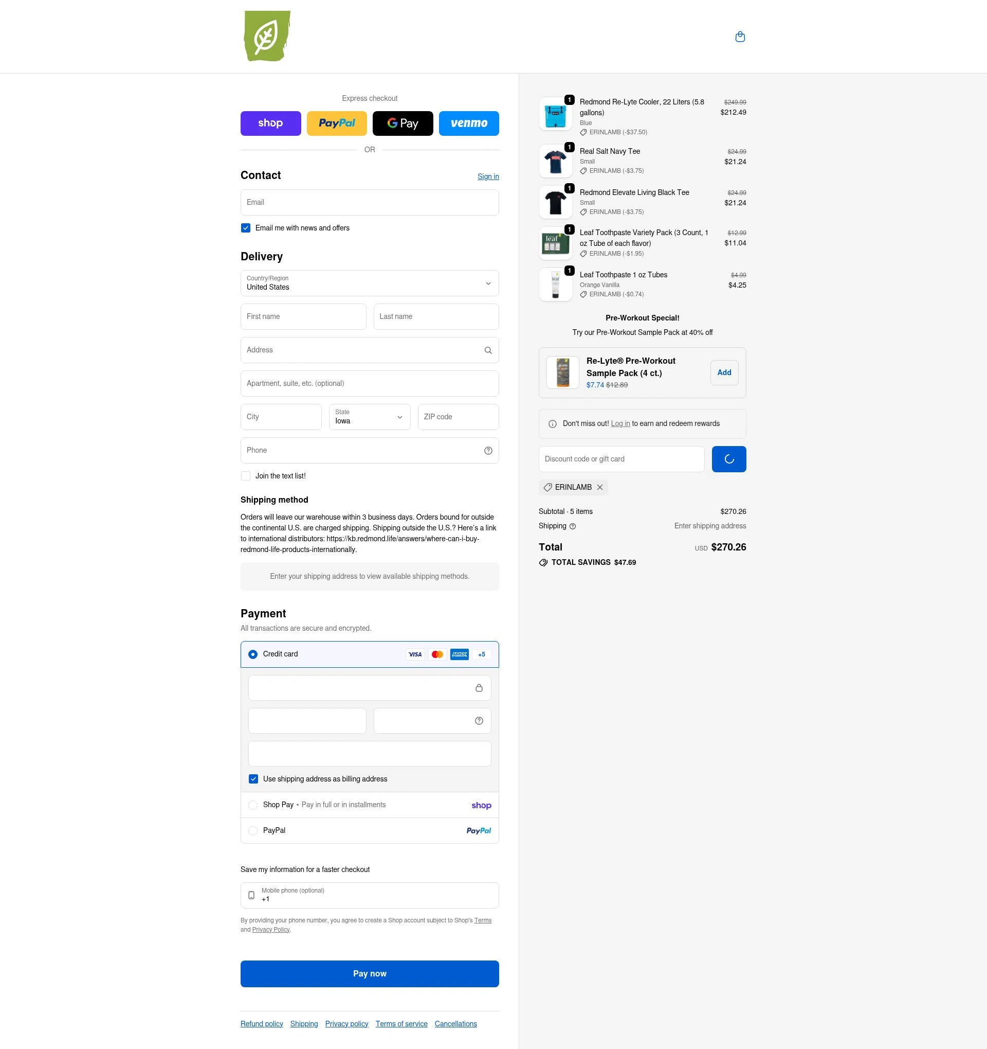 Redmond Life checkout page showing Redmond Life discount code box | Screenshot taken by SimplyCodes community member on Feb 6, 2026