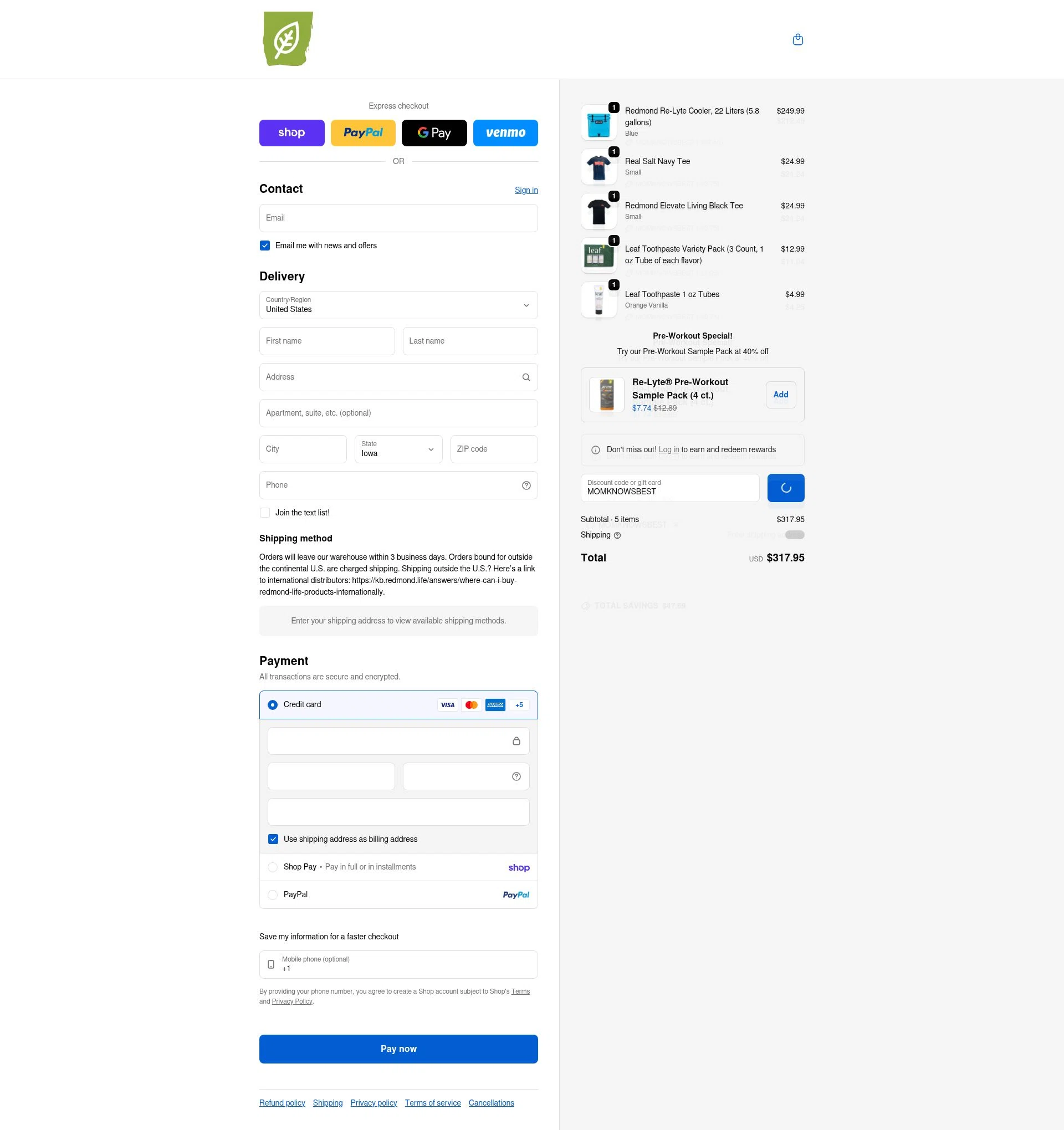 Redmond Life checkout page showing Redmond Life discount code box | Screenshot taken by SimplyCodes community member on Feb 6, 2026
