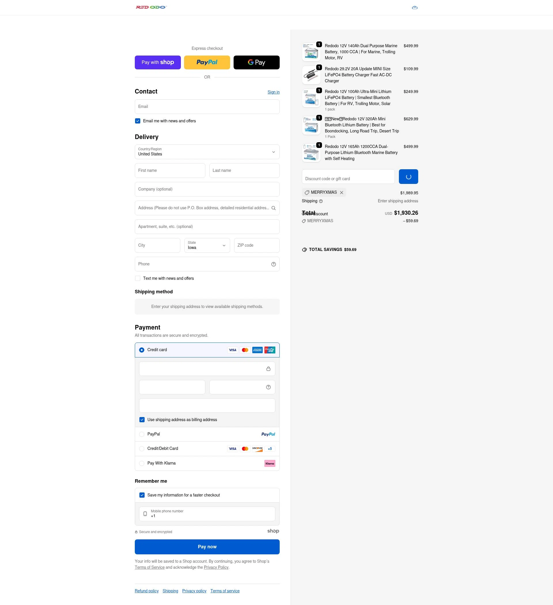 Redodo Power checkout page showing Redodo Power promo code box | Screenshot taken by SimplyCodes community member on Jan 7, 2026