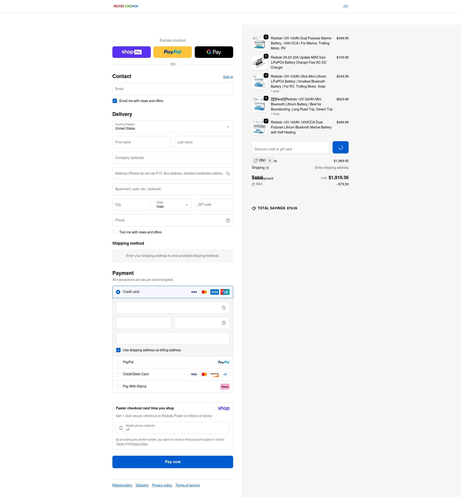 Redodo Power checkout page showing Redodo Power promo code box | Screenshot taken by SimplyCodes community member on Jan 7, 2026
