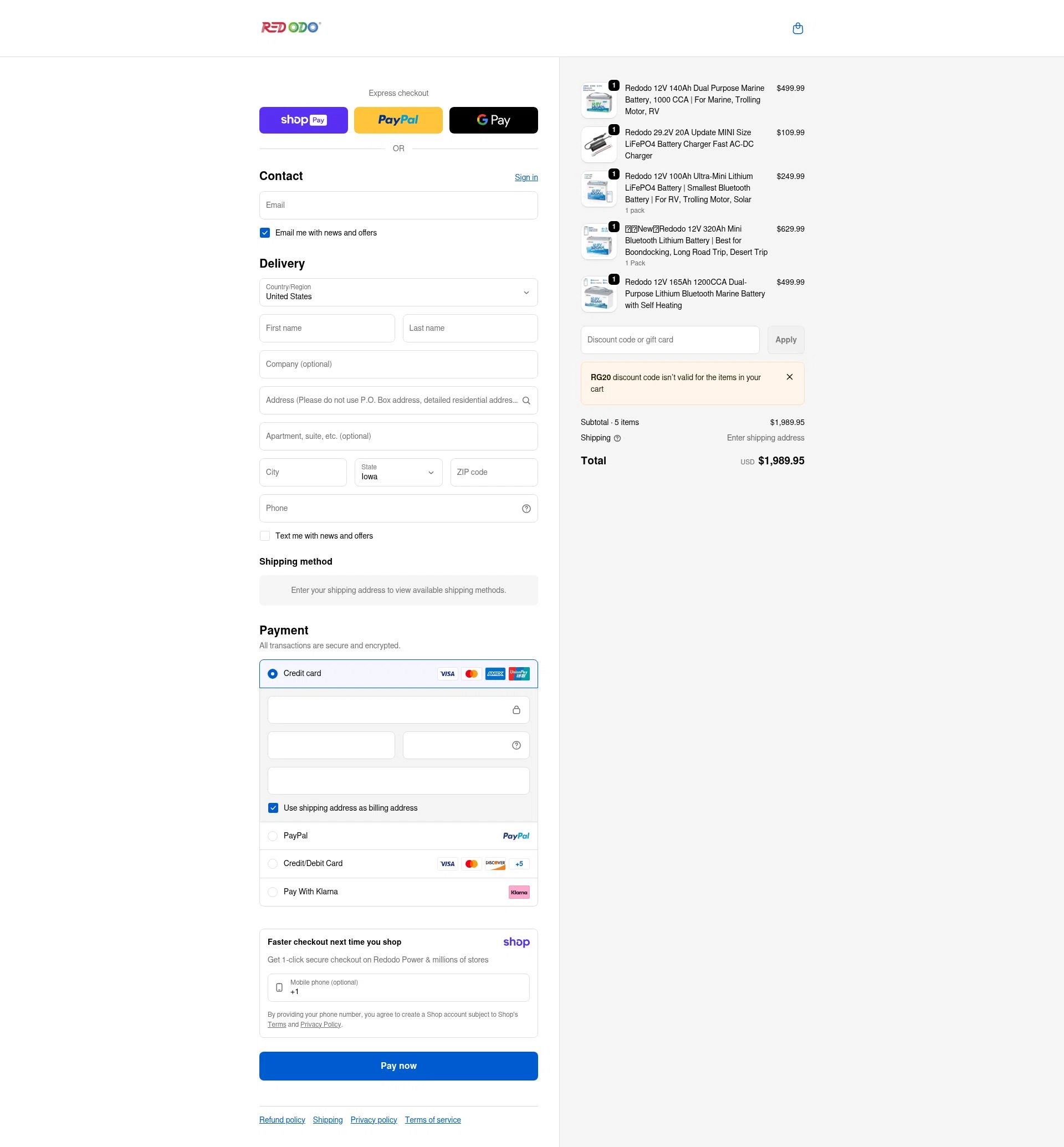 Redodo Power checkout page showing Redodo Power promo code box | Screenshot taken by SimplyCodes community member on Jan 7, 2026