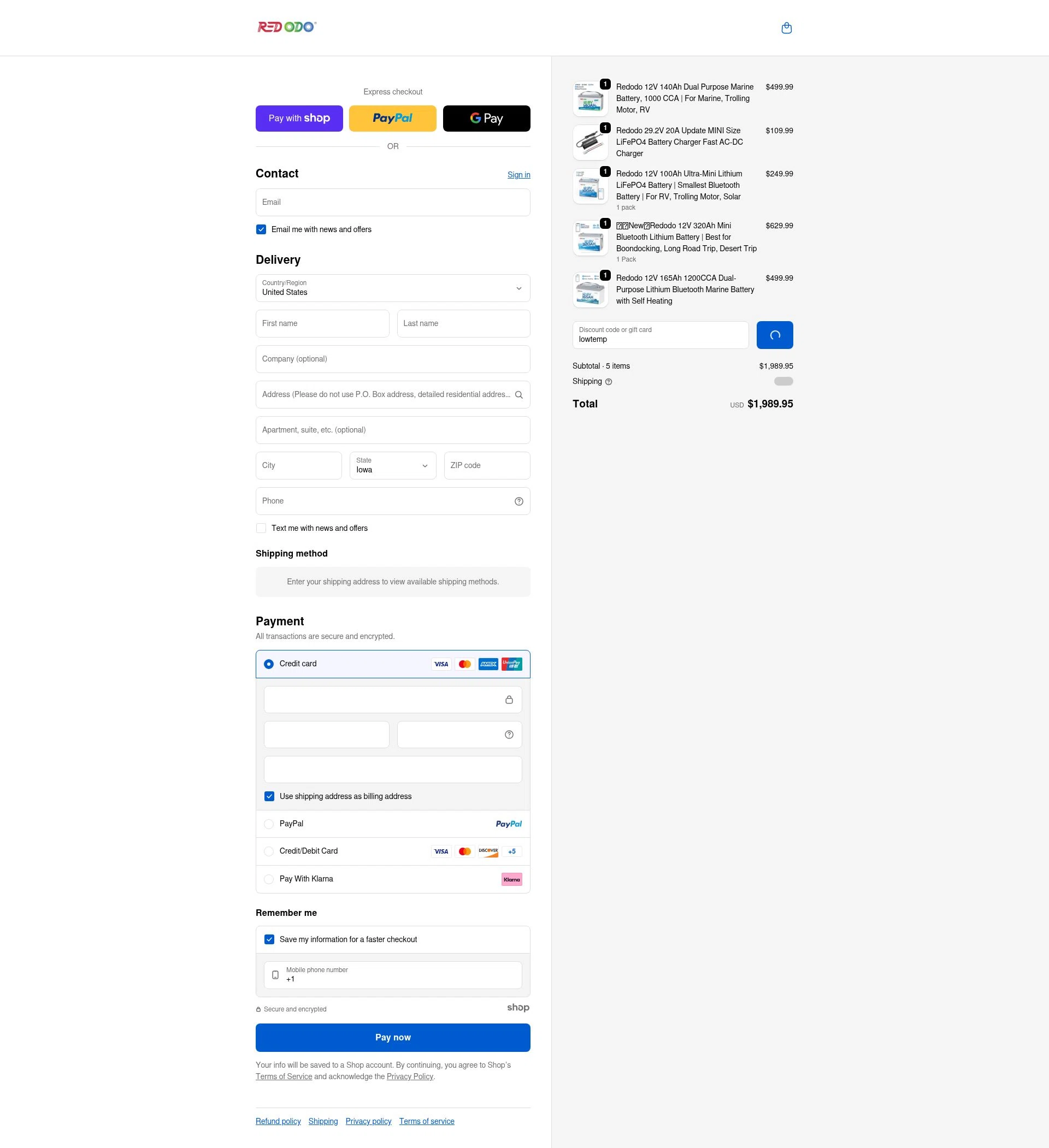 Redodo Power checkout page showing Redodo Power promo code box | Screenshot taken by SimplyCodes community member on Jan 7, 2026