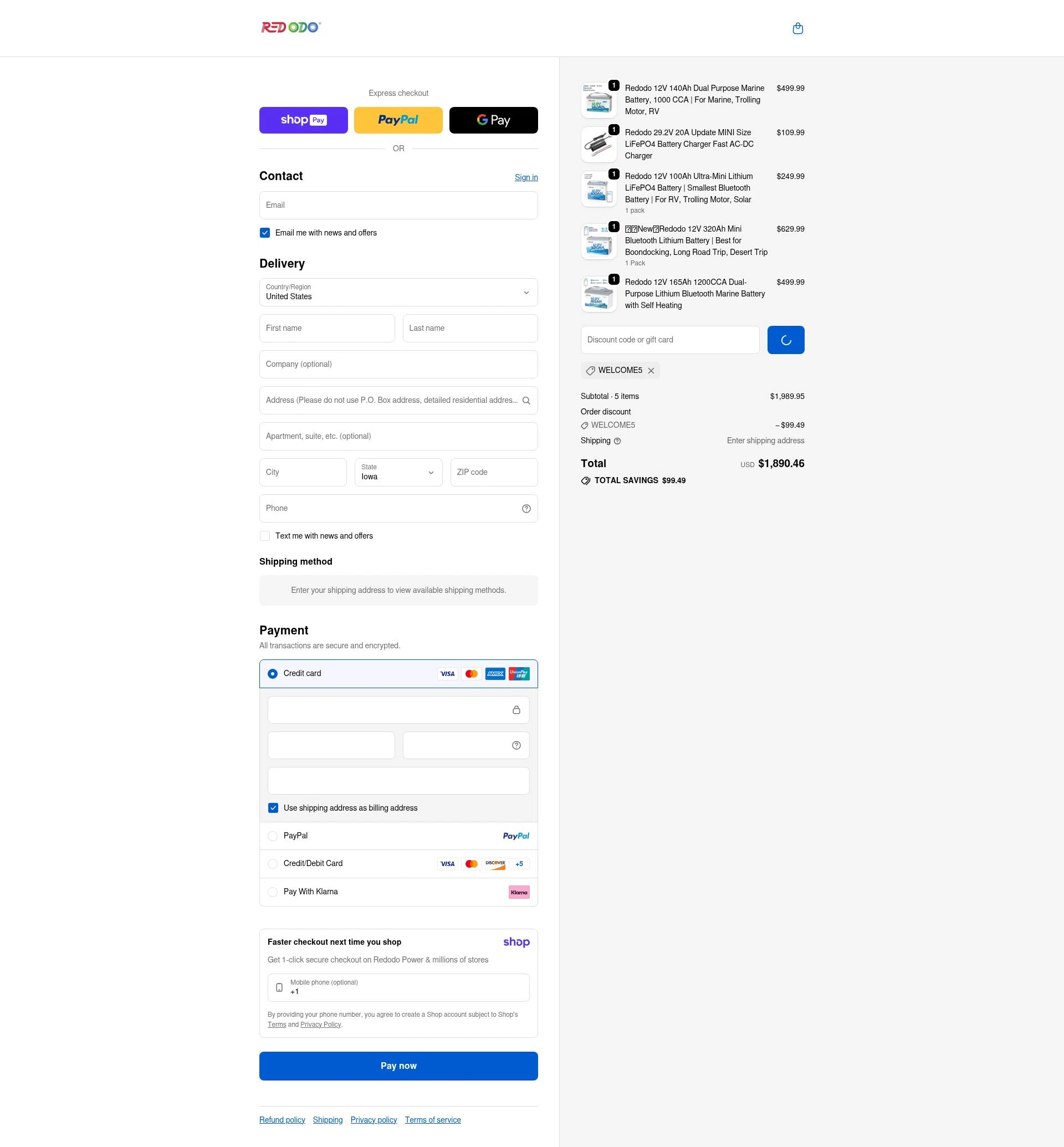 Redodo Power checkout page showing Redodo Power promo code box | Screenshot taken by SimplyCodes community member on Jan 7, 2026