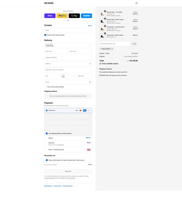 RE/DONE checkout page showing RE/DONE discount code box | Screenshot taken by SimplyCodes community member on Sep 14, 2025