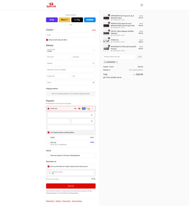 Redragon checkout page showing Redragon promo code box | Screenshot taken by SimplyCodes community member on Sep 2, 2025