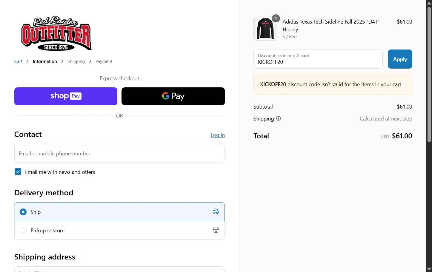 Red Raider Outfitter checkout page showing Red Raider Outfitter discount code box | Screenshot taken by SimplyCodes community member on Jun 7, 2025