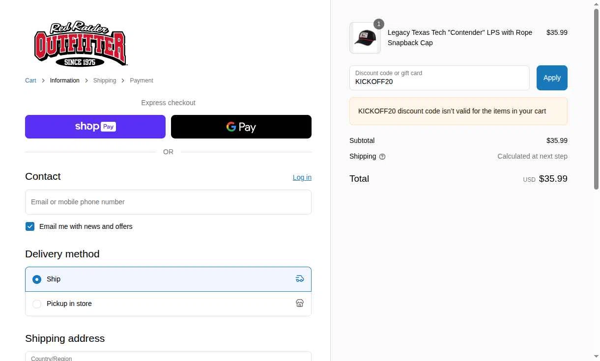 Red Raider Outfitter checkout page showing Red Raider Outfitter discount code box | Screenshot taken by SimplyCodes community member on Jun 7, 2025