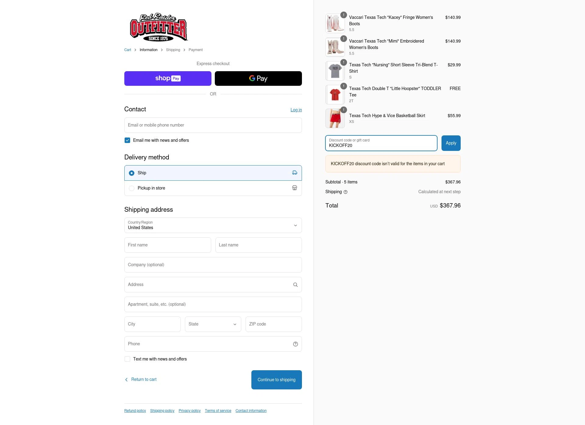 Red Raider Outfitter checkout page showing Red Raider Outfitter discount code box | Screenshot taken by SimplyCodes community member on Apr 21, 2025