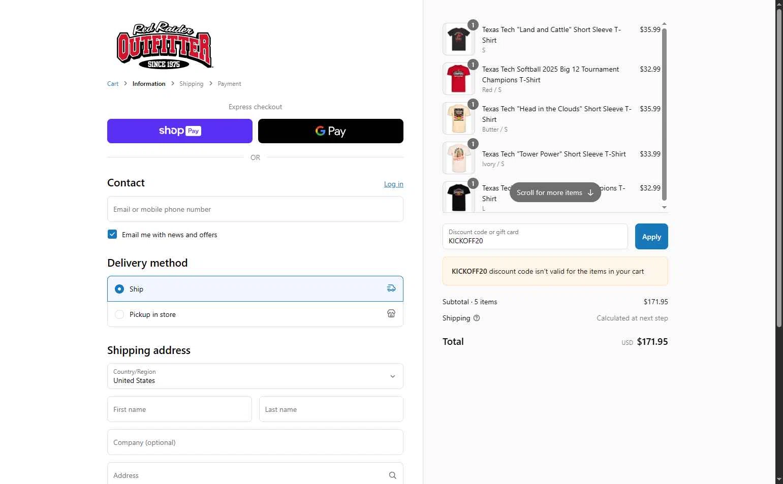 Red Raider Outfitter checkout page showing Red Raider Outfitter discount code box | Screenshot taken by SimplyCodes community member on May 13, 2025