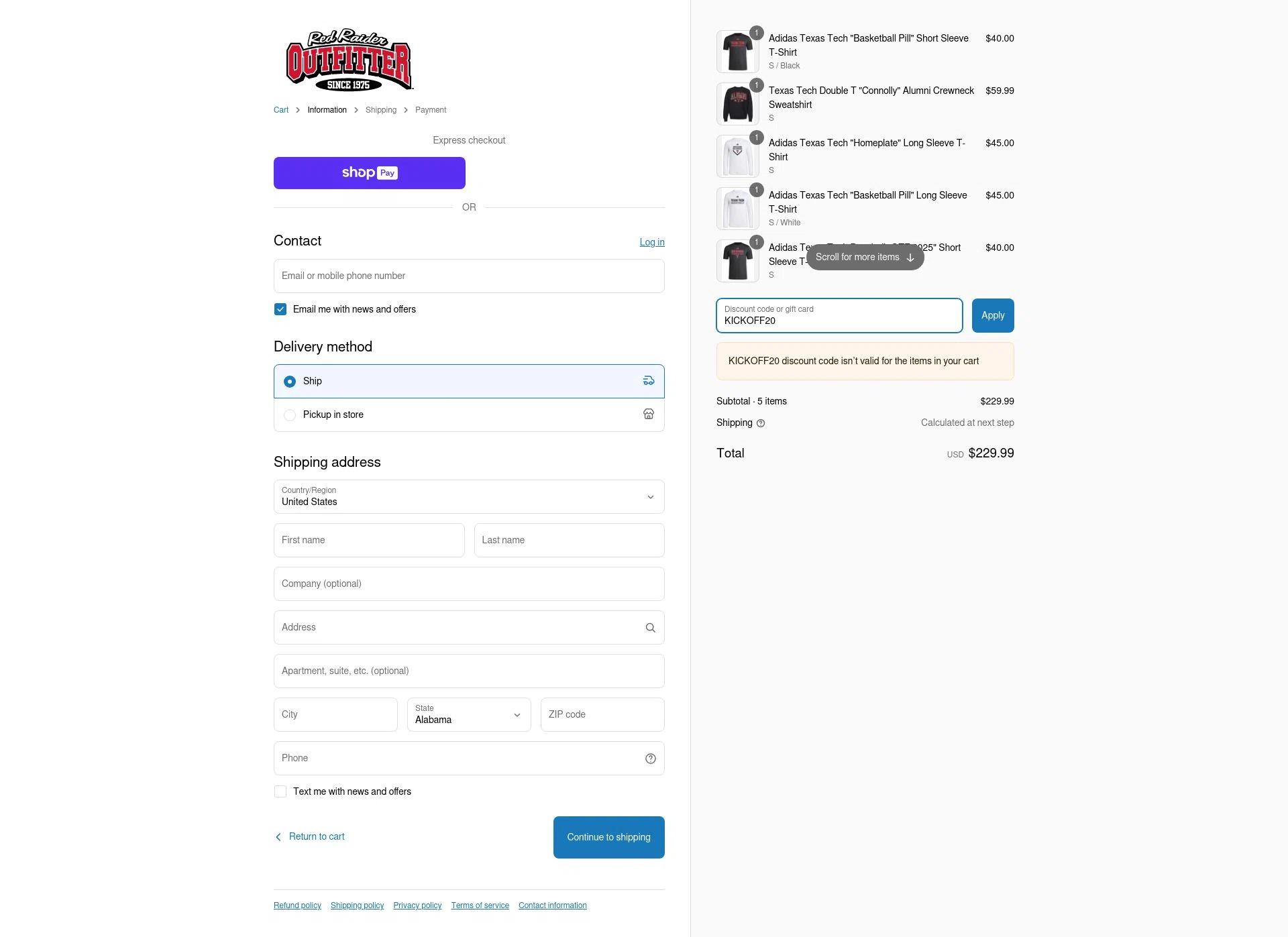 Red Raider Outfitter checkout page showing Red Raider Outfitter discount code box | Screenshot taken by SimplyCodes community member on May 15, 2025