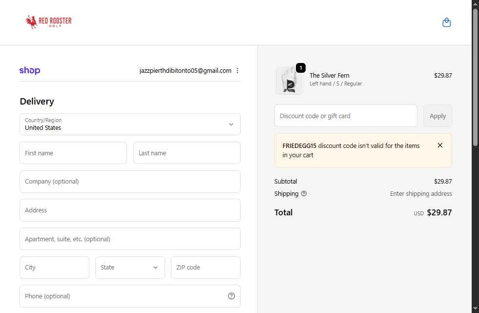 Red Rooster Golf checkout page showing Red Rooster Golf discount code box | Screenshot taken by SimplyCodes community member on Feb 9, 2026