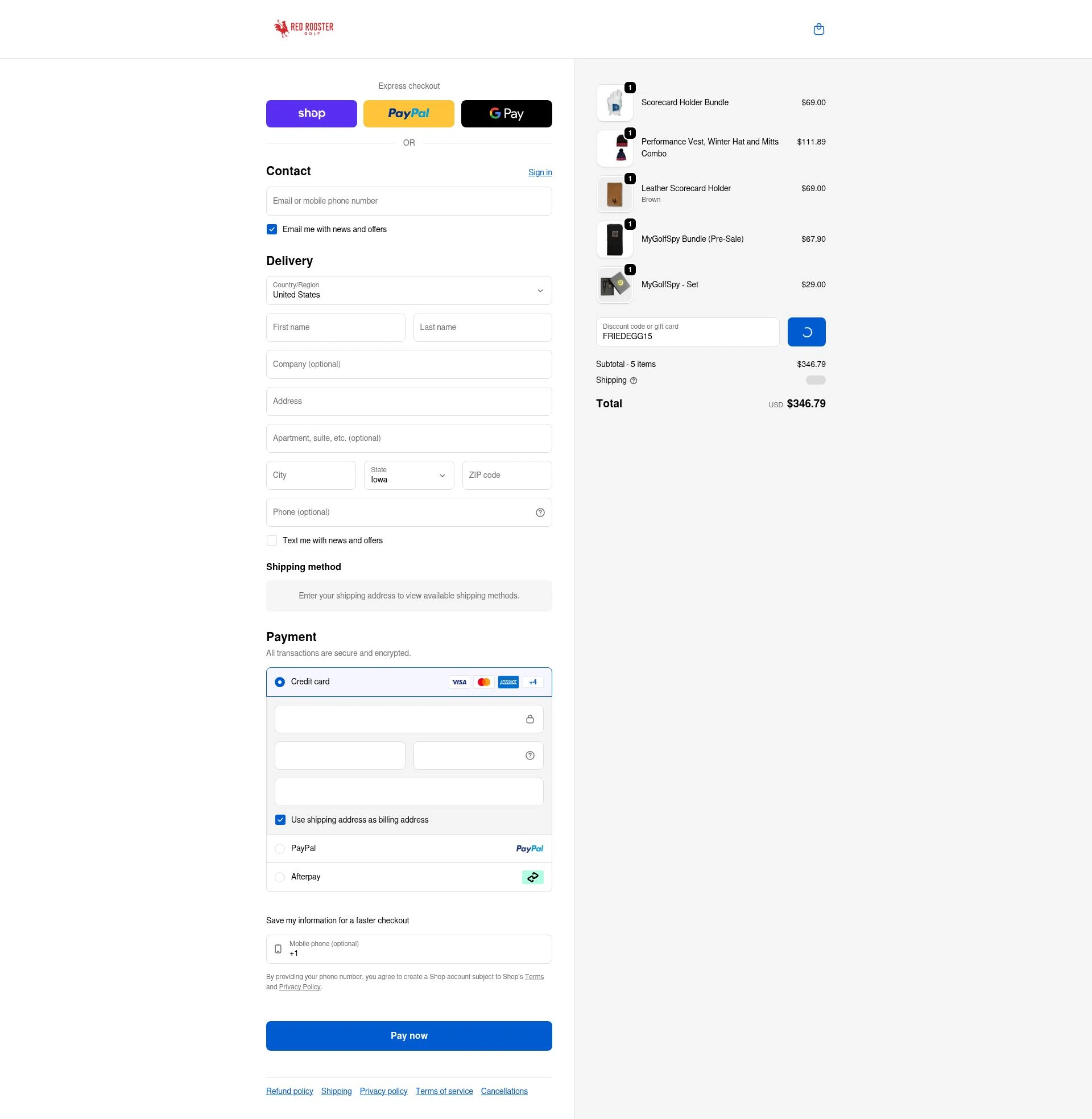 Red Rooster Golf checkout page showing Red Rooster Golf discount code box | Screenshot taken by SimplyCodes community member on Feb 5, 2026