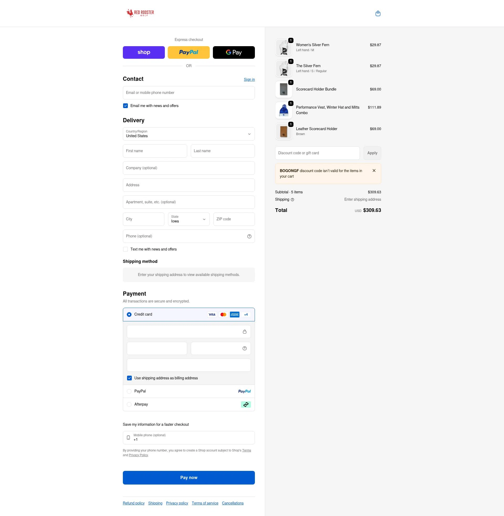 Red Rooster Golf checkout page showing Red Rooster Golf discount code box | Screenshot taken by SimplyCodes community member on Feb 9, 2026