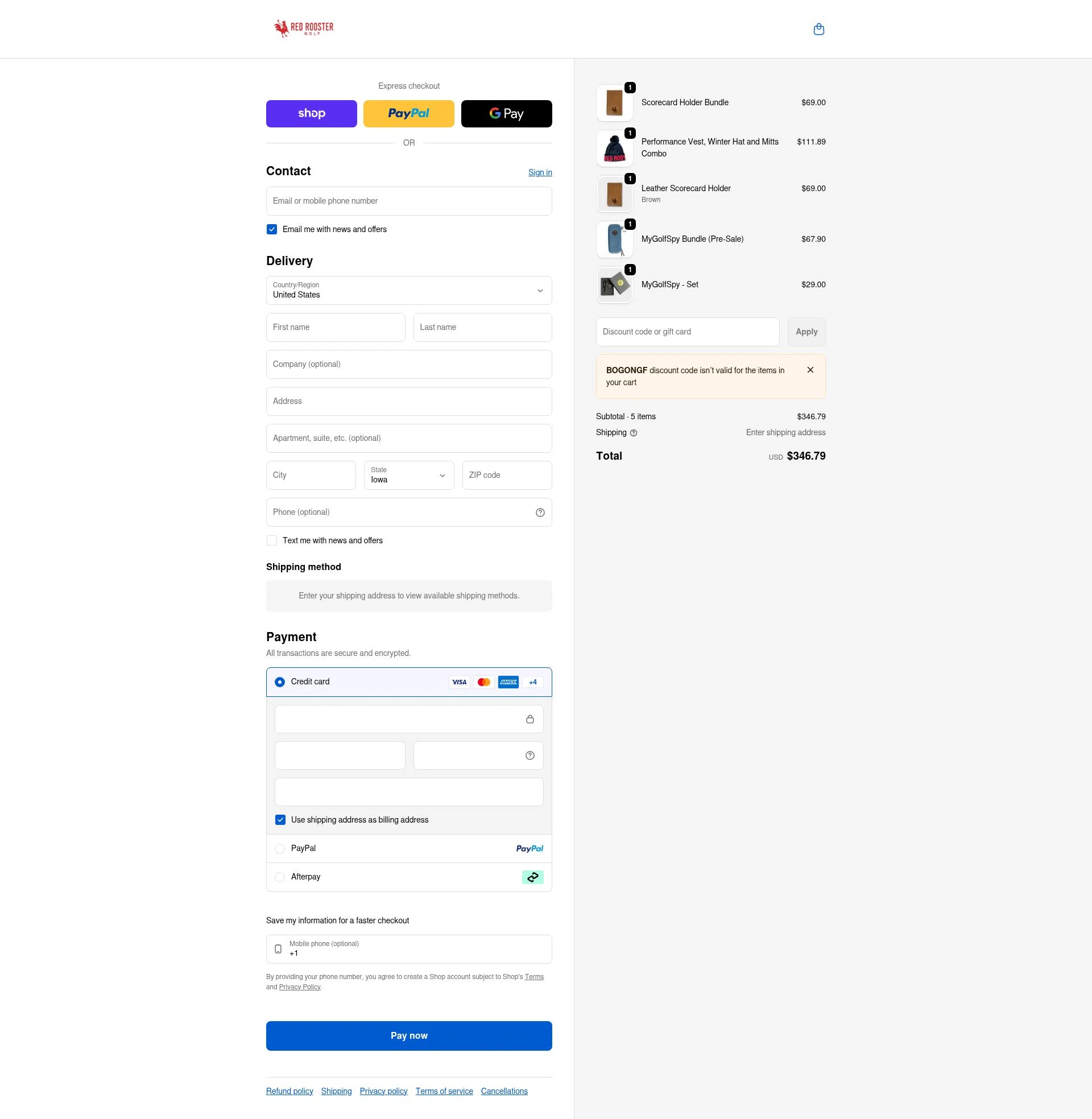 Red Rooster Golf checkout page showing Red Rooster Golf discount code box | Screenshot taken by SimplyCodes community member on Jan 31, 2026