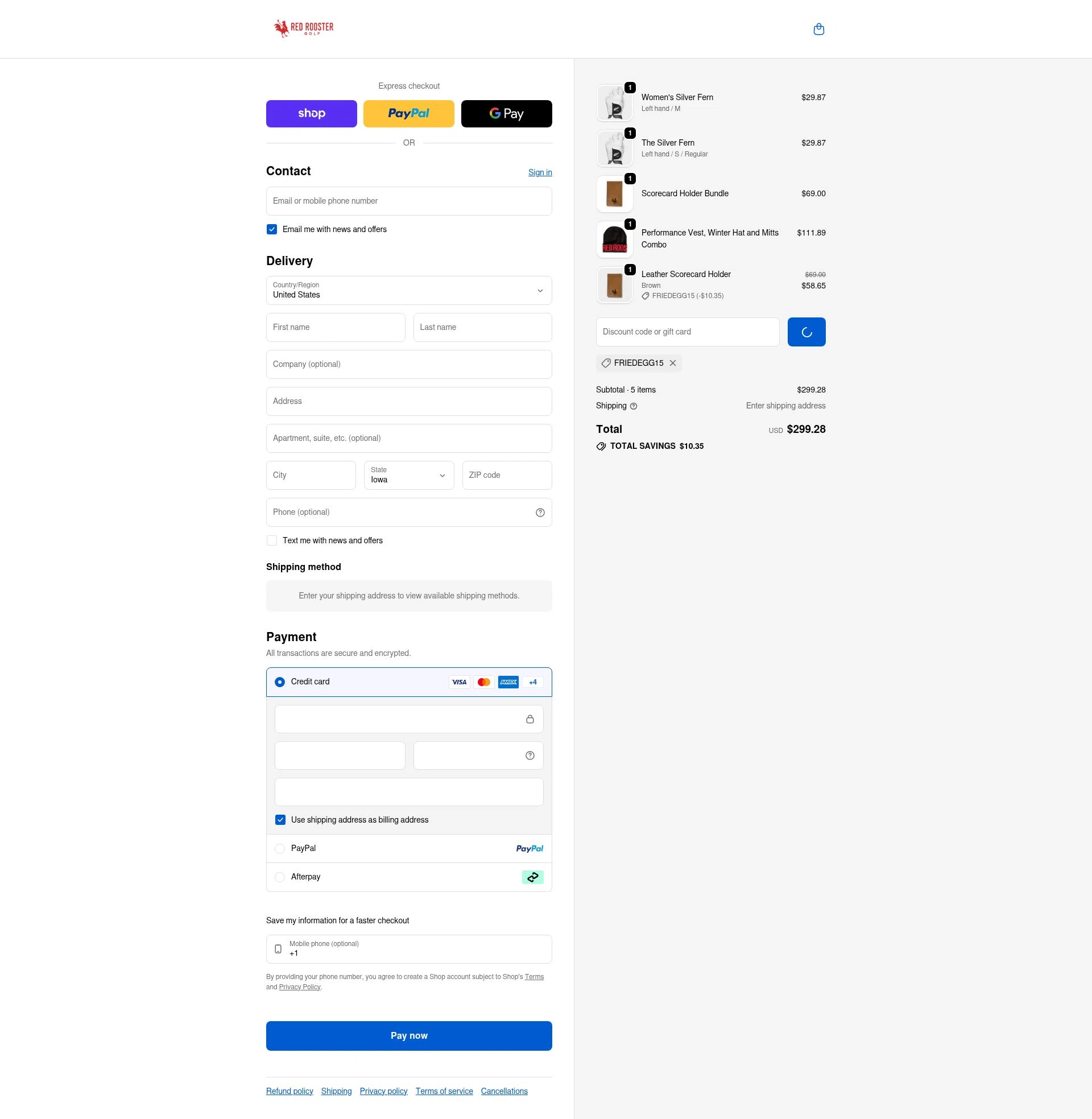 Red Rooster Golf checkout page showing Red Rooster Golf discount code box | Screenshot taken by SimplyCodes community member on Feb 9, 2026
